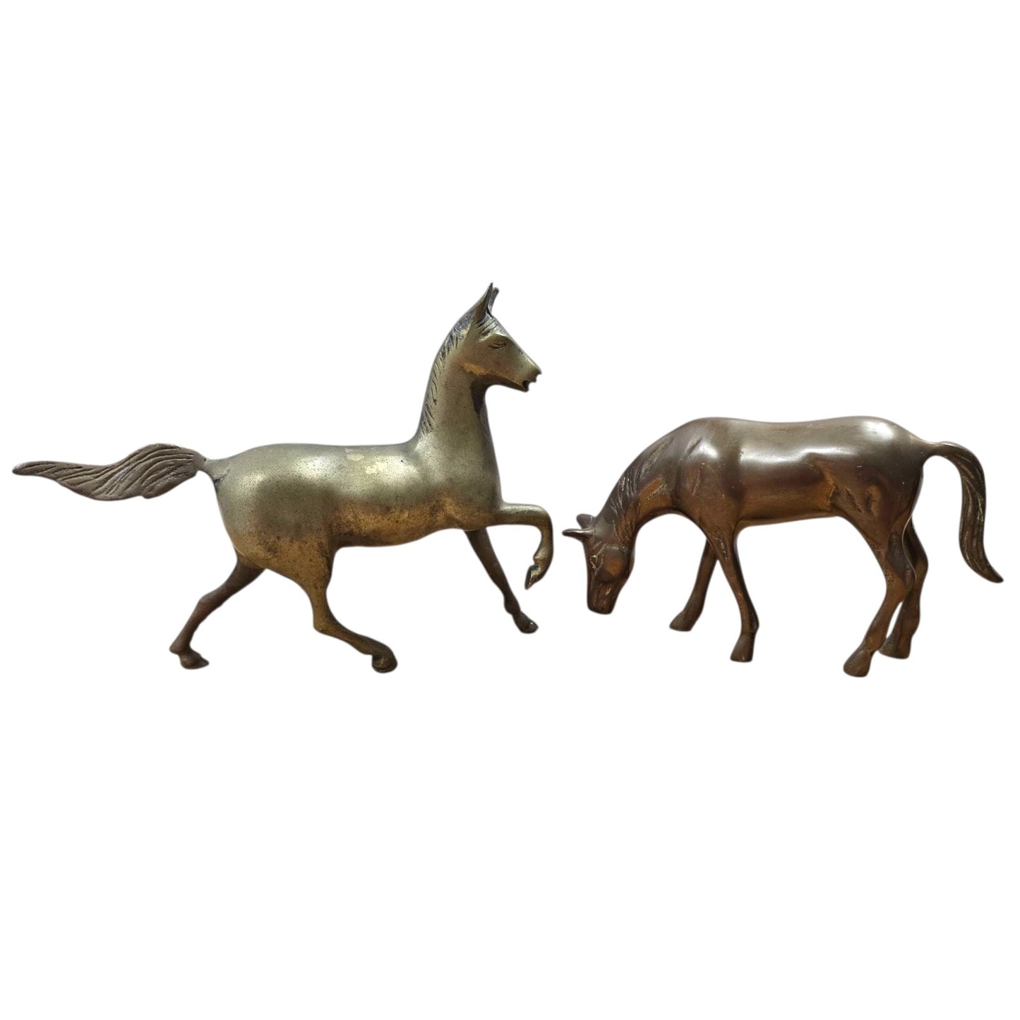 Vintage Brass Horses Prancing / Grazing Brass Horse Figurines, Patina Anatomical