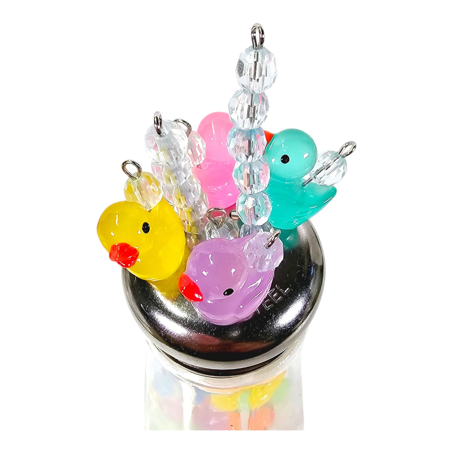 Glowy Ducks Salt Shaker Display Art Piece, Glowy Ducks in Glass Shaker Jar, 6" H with Pins