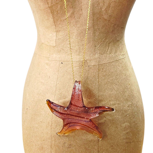 Murano Style Glass Starfish Pendant Necklace Gold Over 925 Sterling Italy Ocean