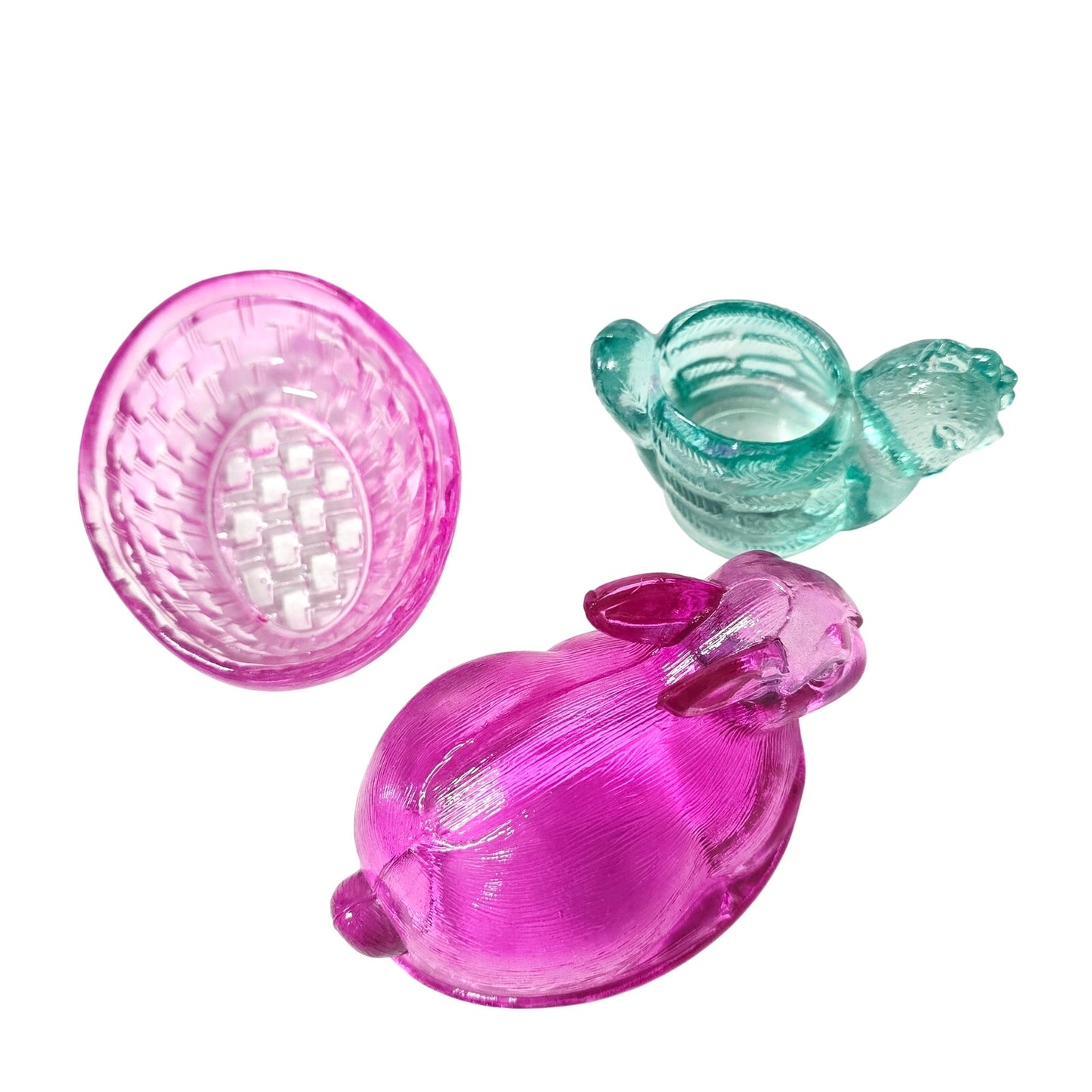 Fuchsia Pink Glass Bunny on Nest & Turquoise Blue Chicken Tealight Egg Holder