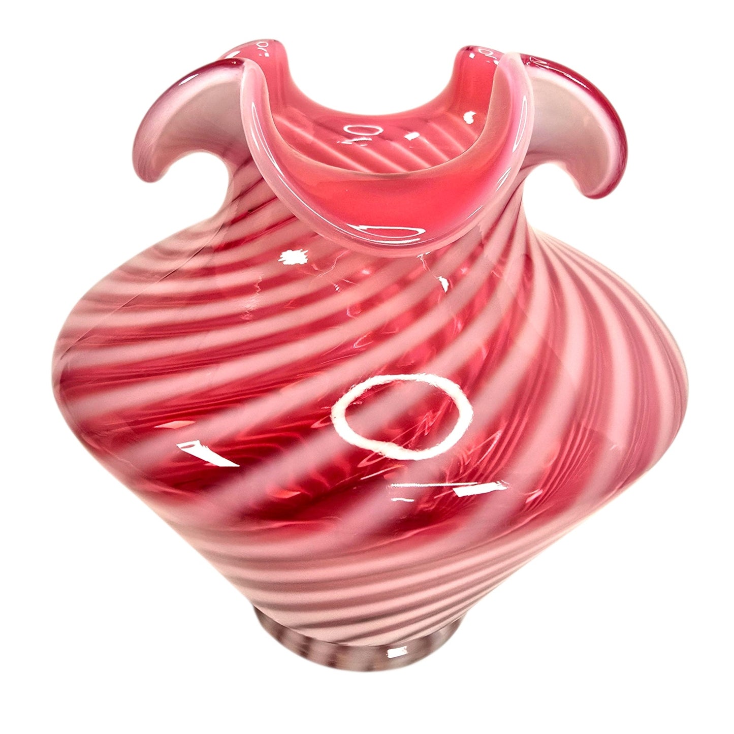 Fenton Cranberry Opalescent Swirl Glass Vase Ruffled Rim Vintage Pink