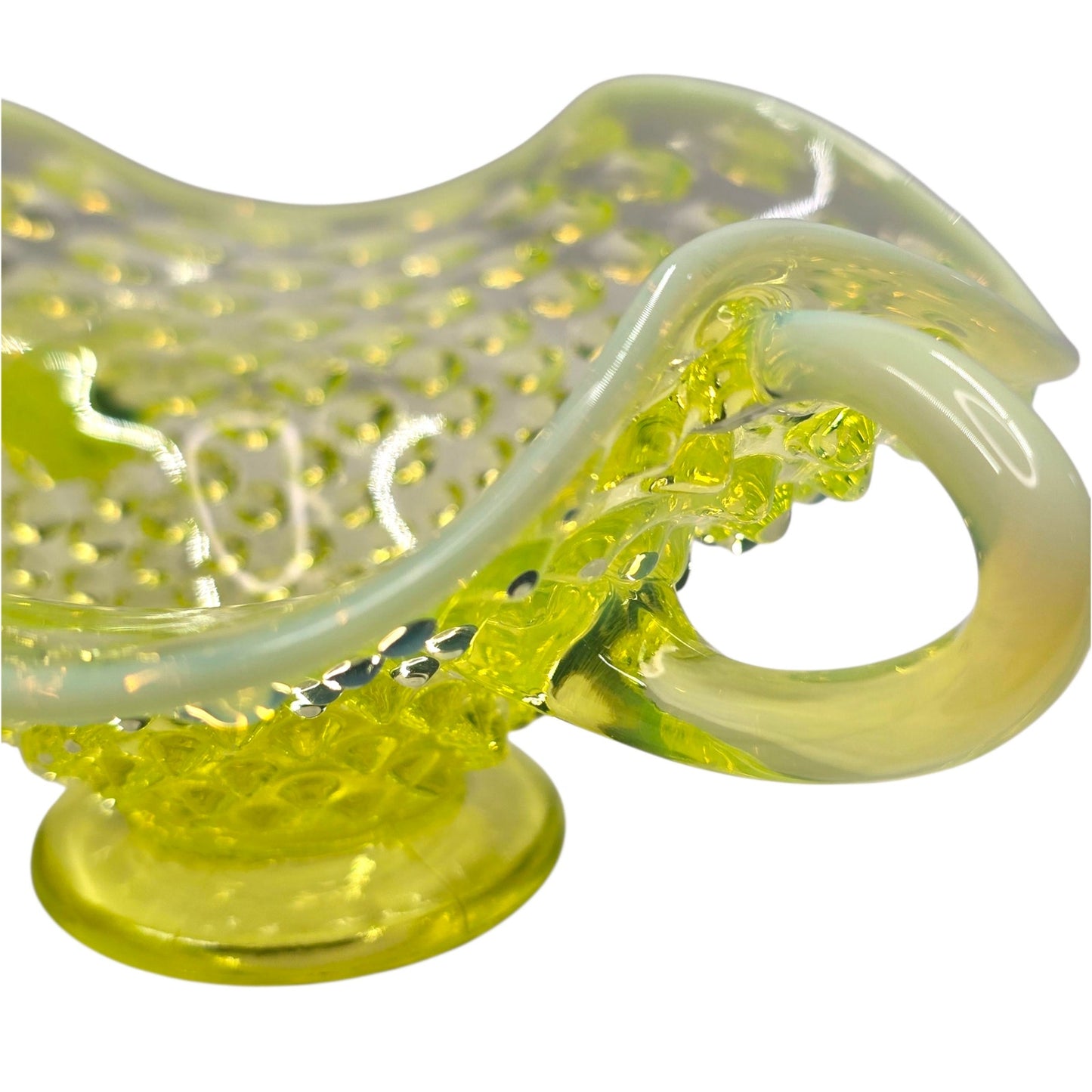 Fenton Vaseline Opalescent Hobnail Bonbon Dish Uranium Glass Double Handle Glows
