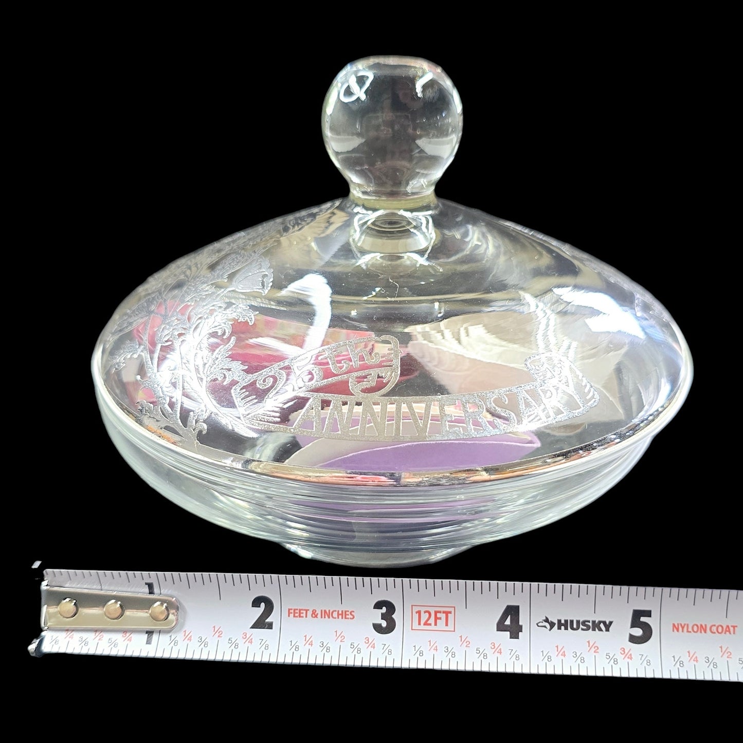 Vintage 25th Anniversary Lidded Glass Bowl with Silver Overlay