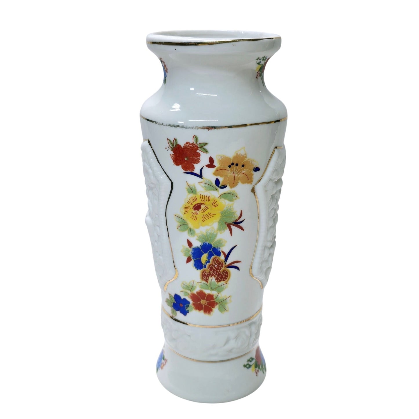Vintage Porcelain Vase with Colorful Textured Floral Desgin Gold Trim