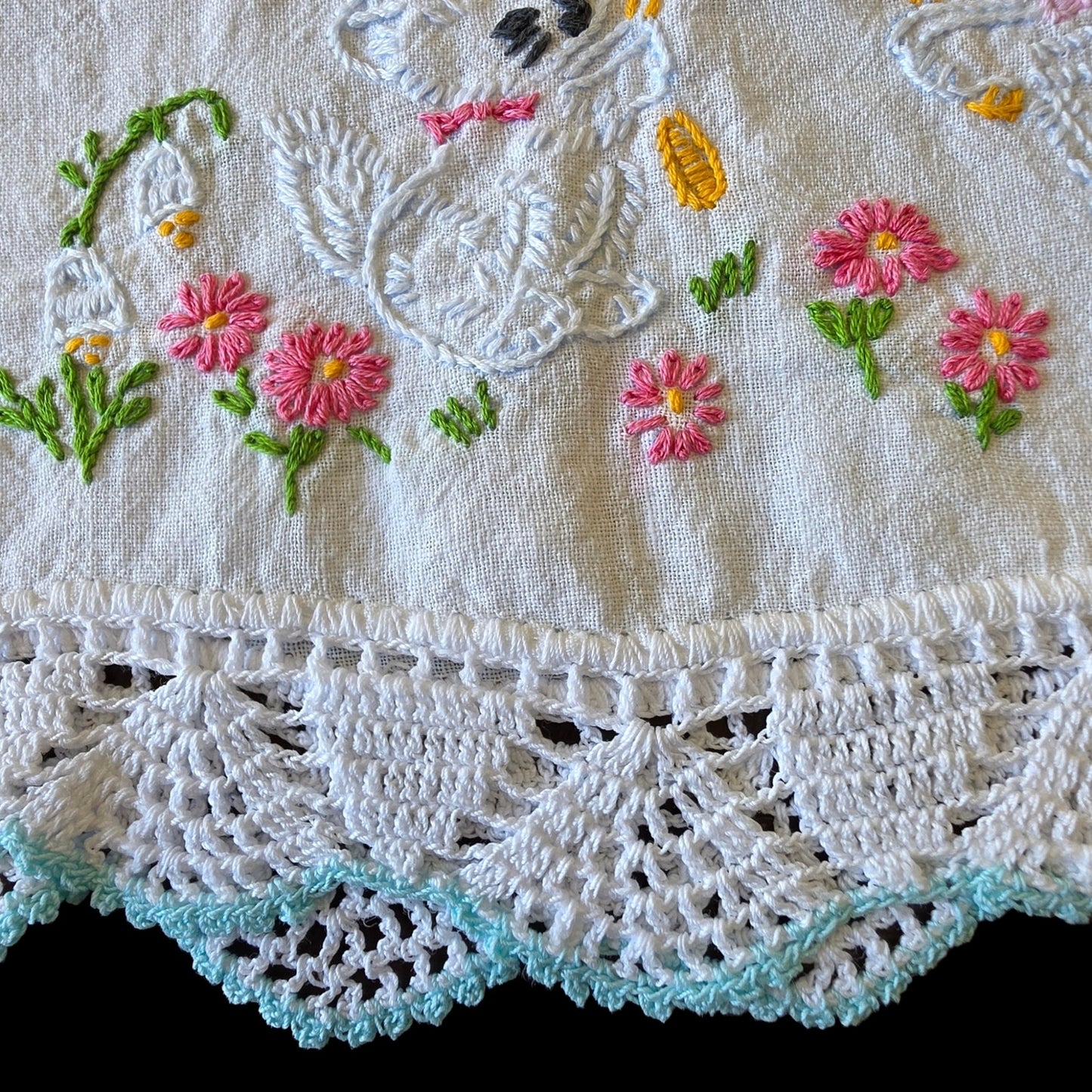 Vintage Embroidered Pillowcase Cats Wishbone Blue Lace Trim Pink Bow