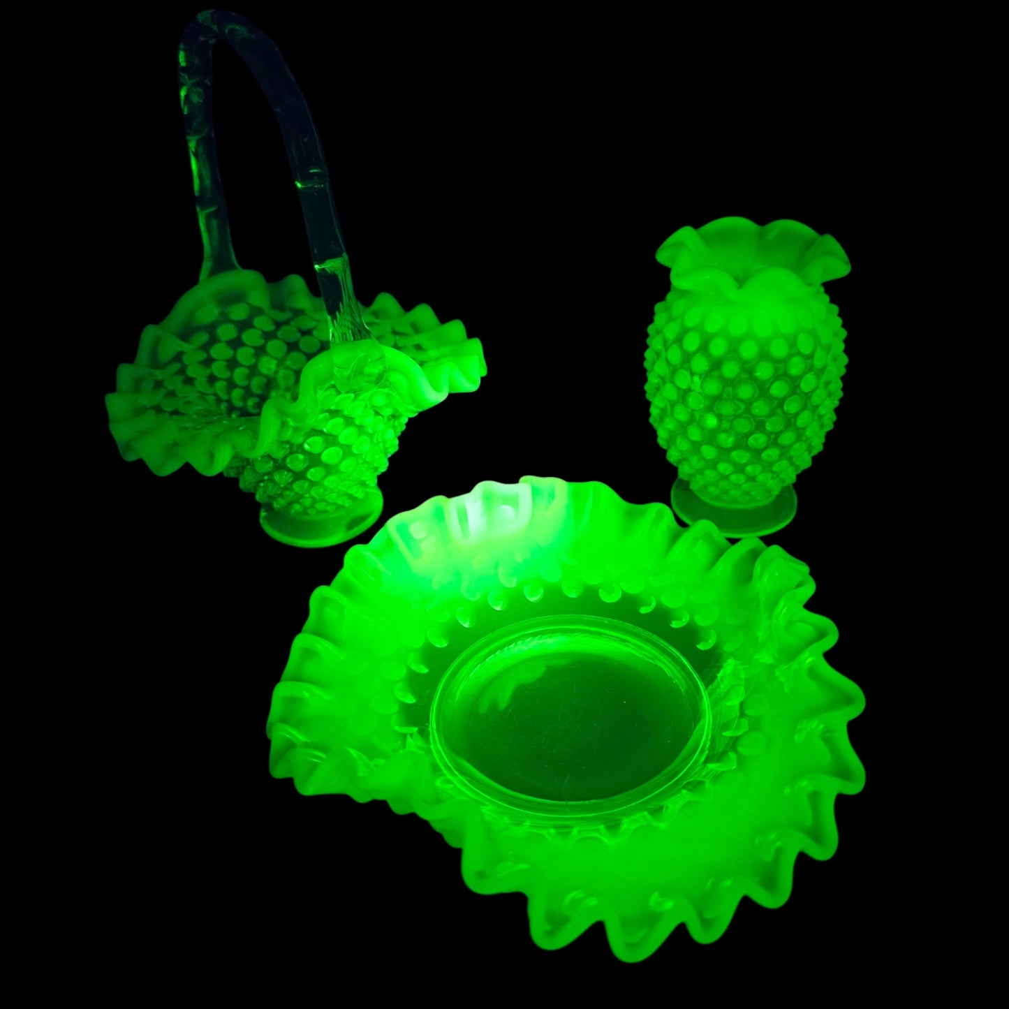 Fenton Green Opalescent Hobnail 3-Pc Set Uranium Vase Basket Dish Glows Green UV