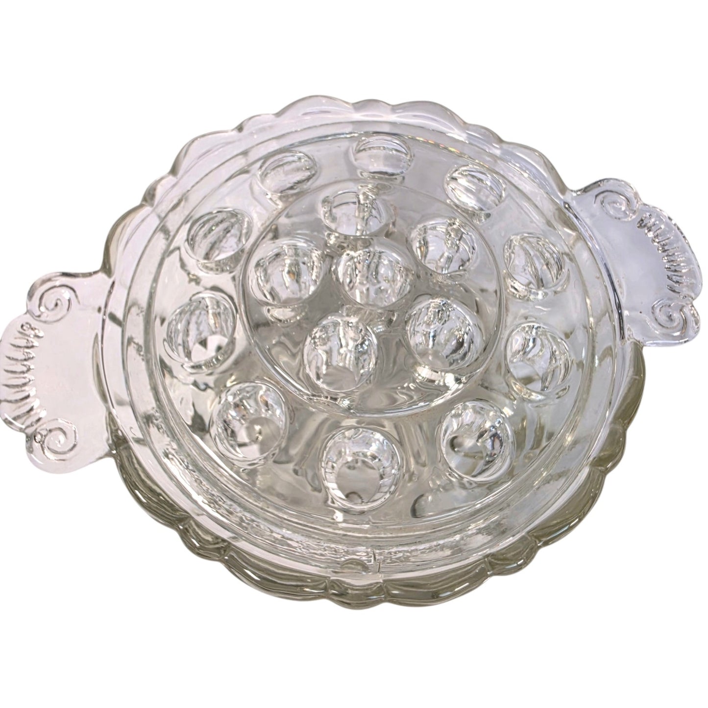 Vintage Clear Pressed Glass Flower Frog Bowl 16-Hole Handle Vase Set