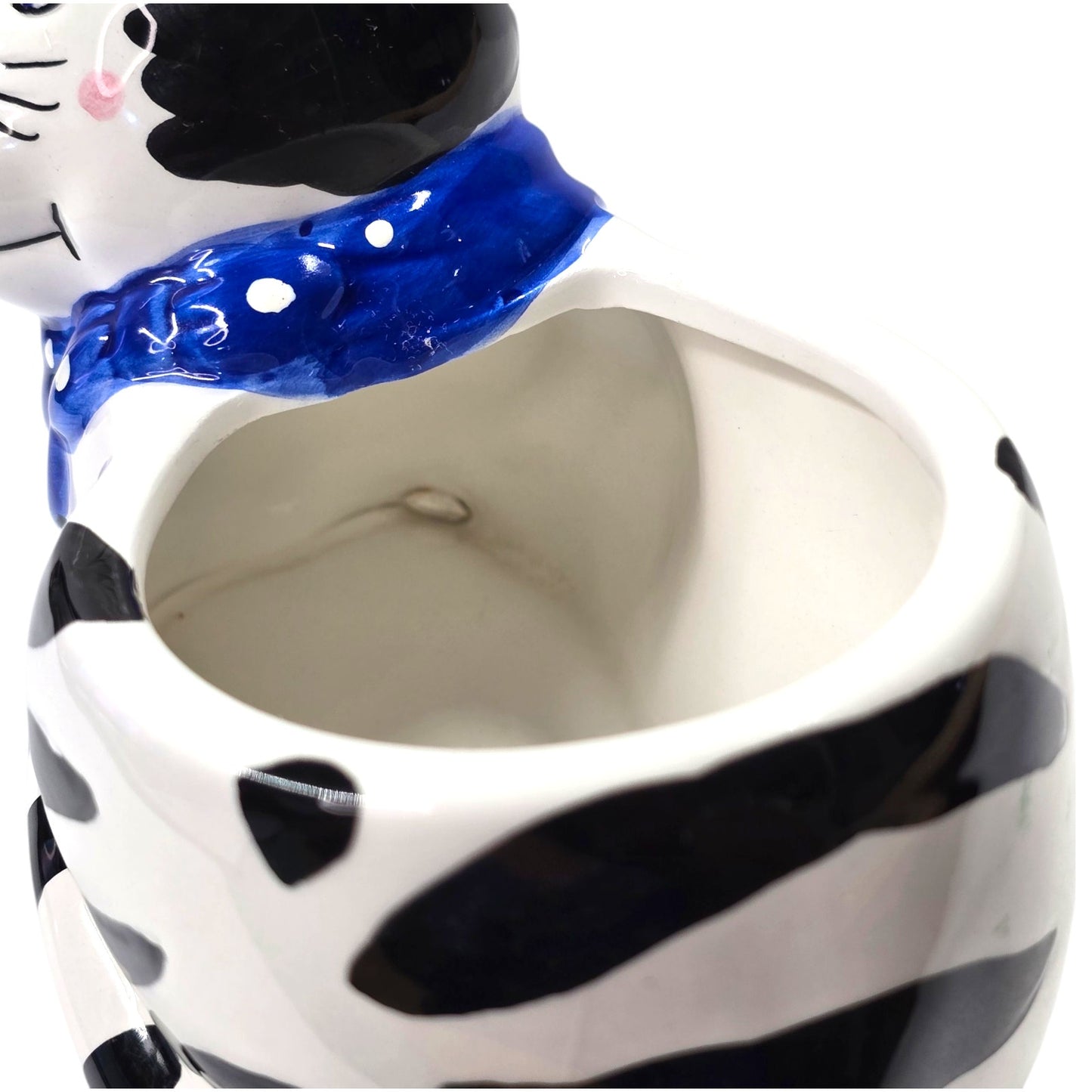 Striped Cat Planter Ceramic Handpainted Blue Scarf Bird Vtg Certified Intl CIC