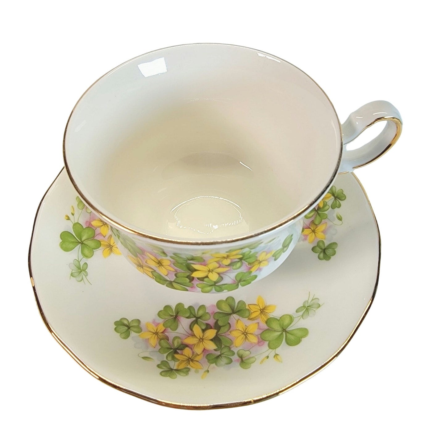 Queen Anne Teacup & Saucer Bone China, Made in England, Yellow Flowers & Clovers