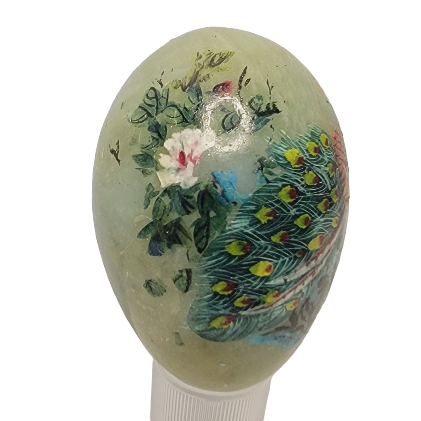 Vtg Genuine Alabaster Hand Painted Egg Paperweight Peacock Flowers Lake Easter