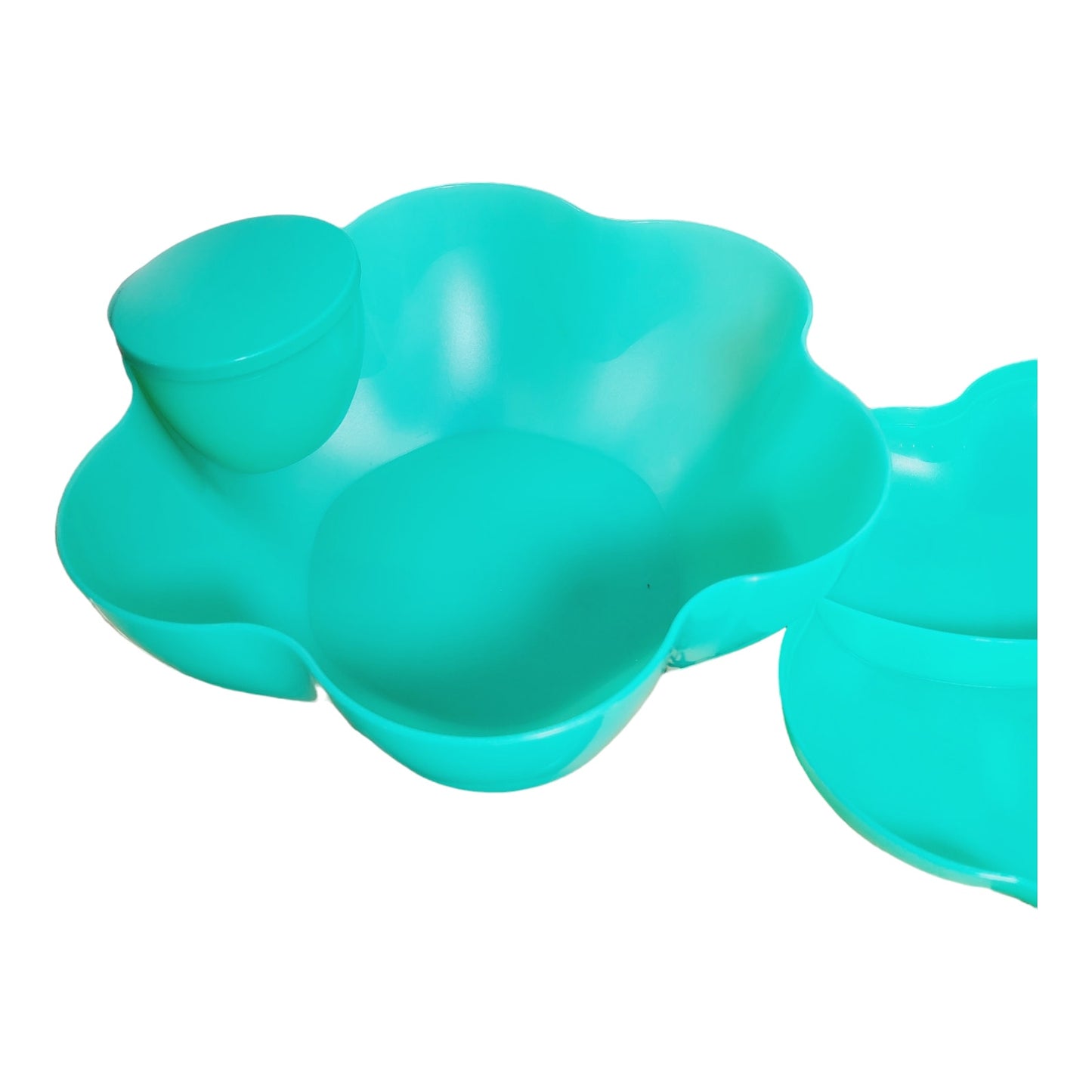 4 Pc Turquoise Flower Blossom Tupperware Chip Dip Divided Party Platter Tray Set