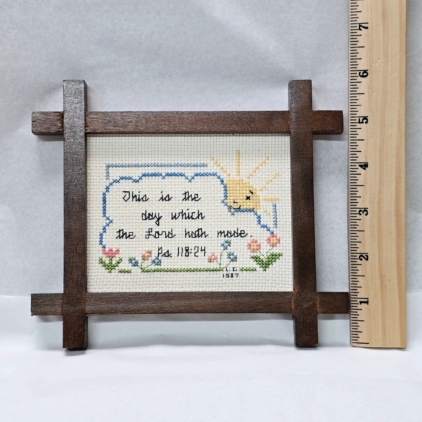 Vtg Framed Cross-Stich Embroidery in Wooden Frame with Bible Verse Ps 118:24
