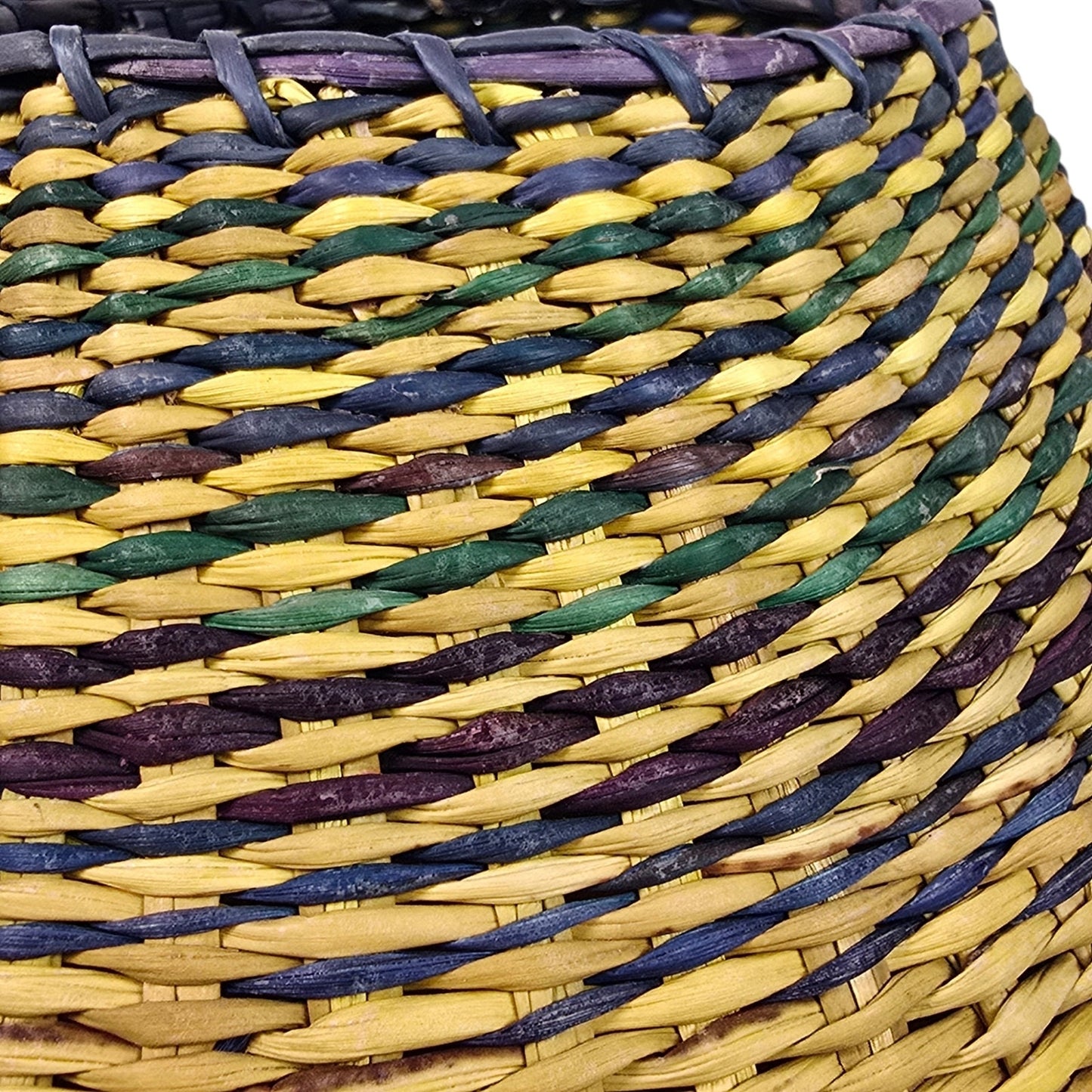 Vintage Woven Seagrass Basket Coiled Boho Yellow Purple Blue Tapered Vase Planter
