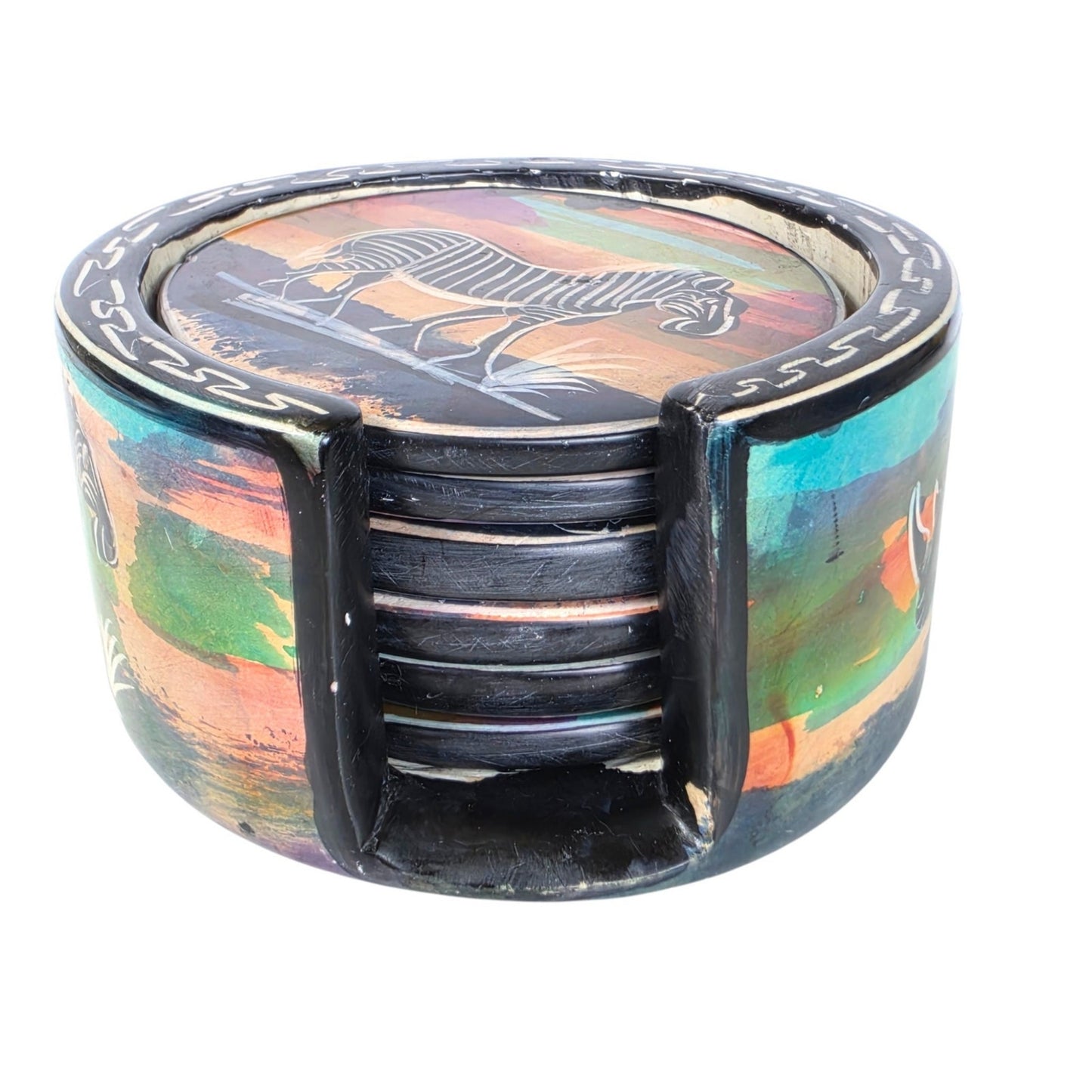Vintage Serengeti Sunset Soapstone Coasters African Wildlife Holder Set