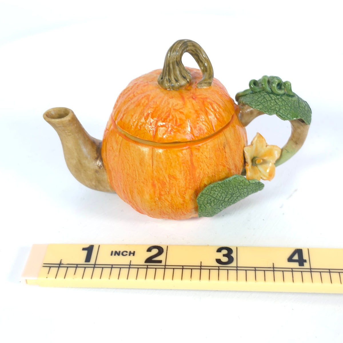 Khien Thailand Miniature Pumpkin Teapot Ceramic Flower Vine Handle Collectible