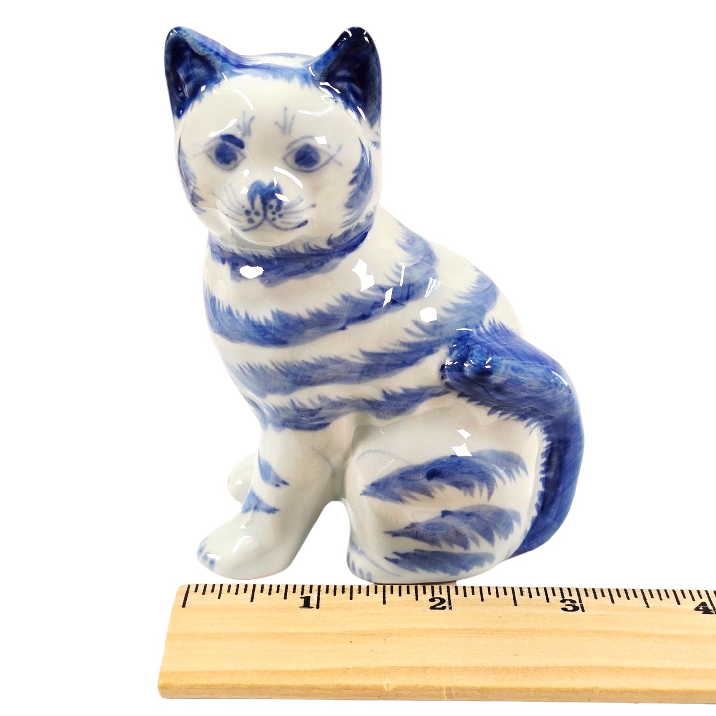 Vintage Porcelain Cat Figurine White with Blue Stripes