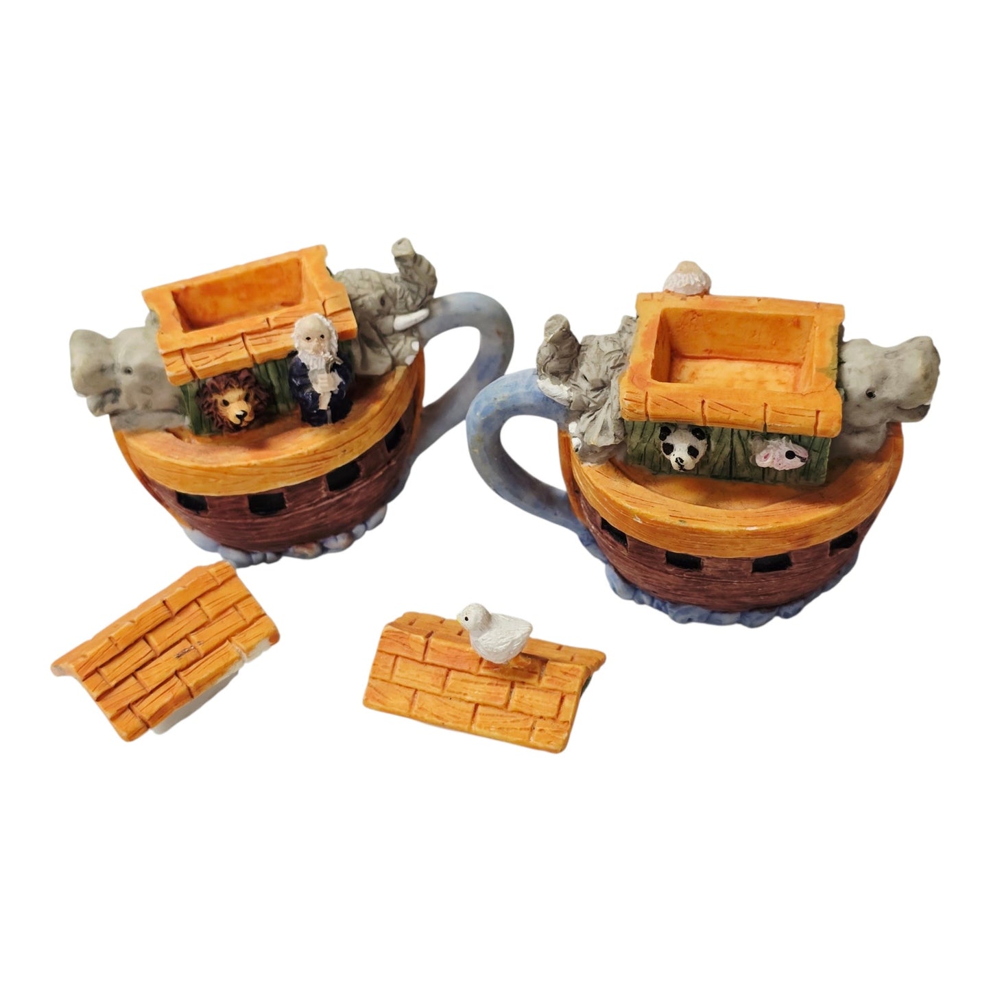Miniature Ceramic Noah's Ark Tea Set 6pc Hand-painted Animals 2 Teapots Figurine