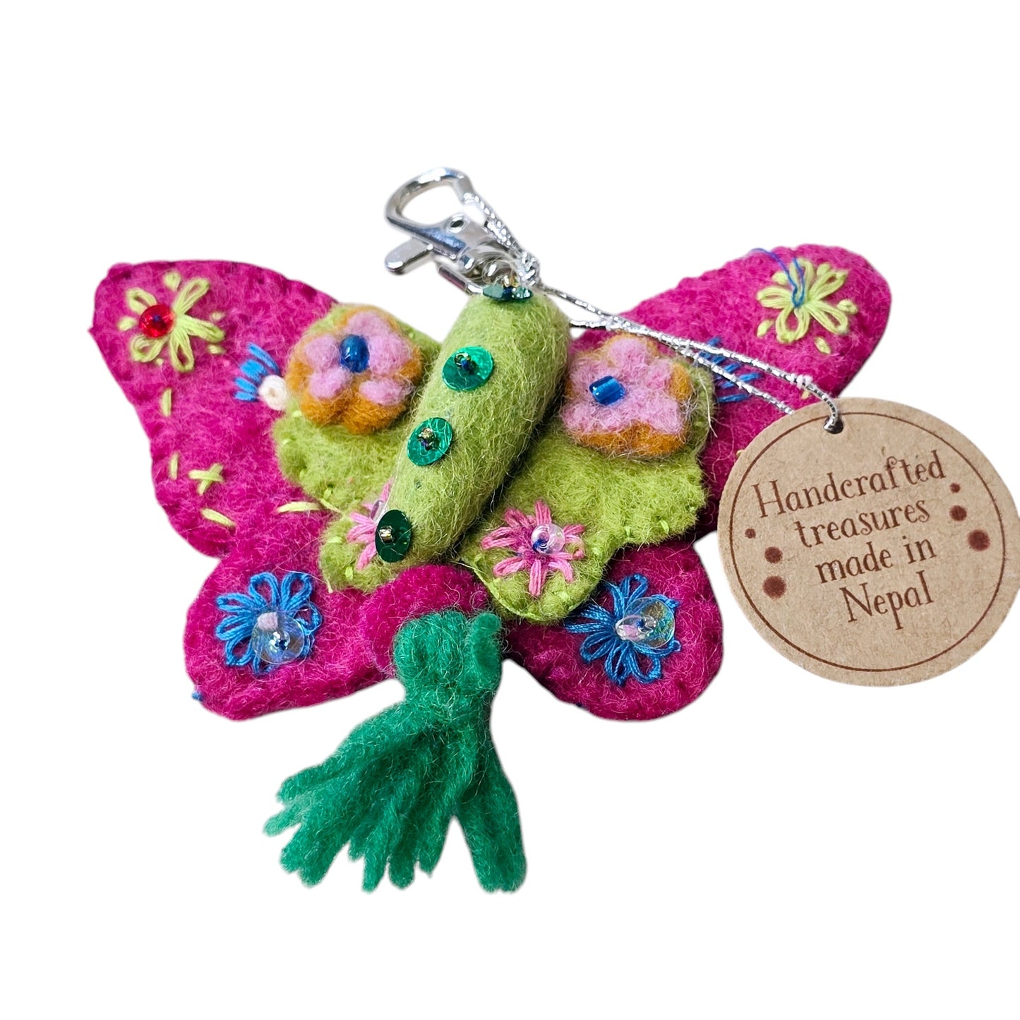 A. Pink Wool Butterfly Purse Charm, Handcrafted in Nepal 2022 Ganz