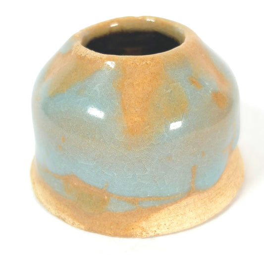 Handmade Student Pottery Mini Vase Blue Tan Copper Tone Interior Signed