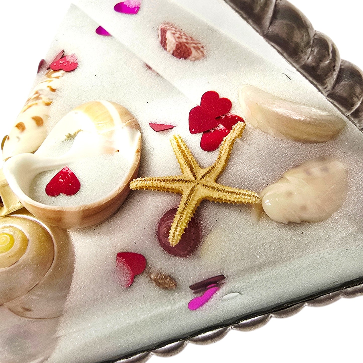 Signed J & J 1993 Glass Sand Prism Valentine's Shell Heart Confetti Art Coastal