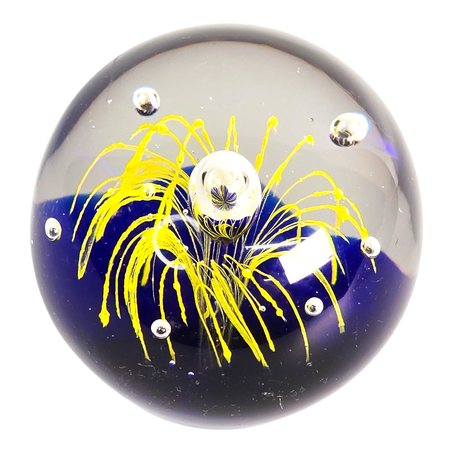 Art Glass Paperweight Cobalt Blue Yellow Firework Design