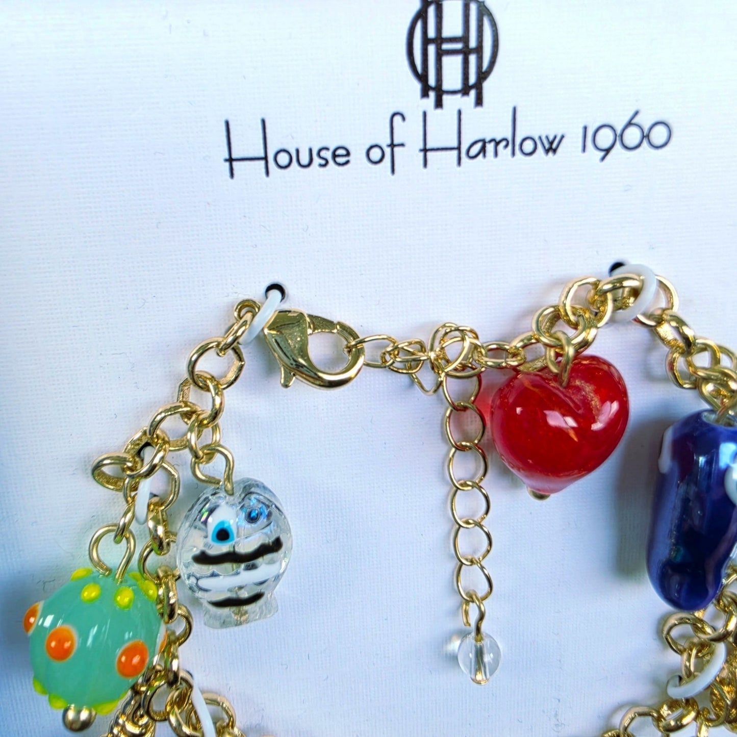 House of Harlow 1960 Gold Tone Multi Charm Bracelet Glass Lead Safe Nickel Free