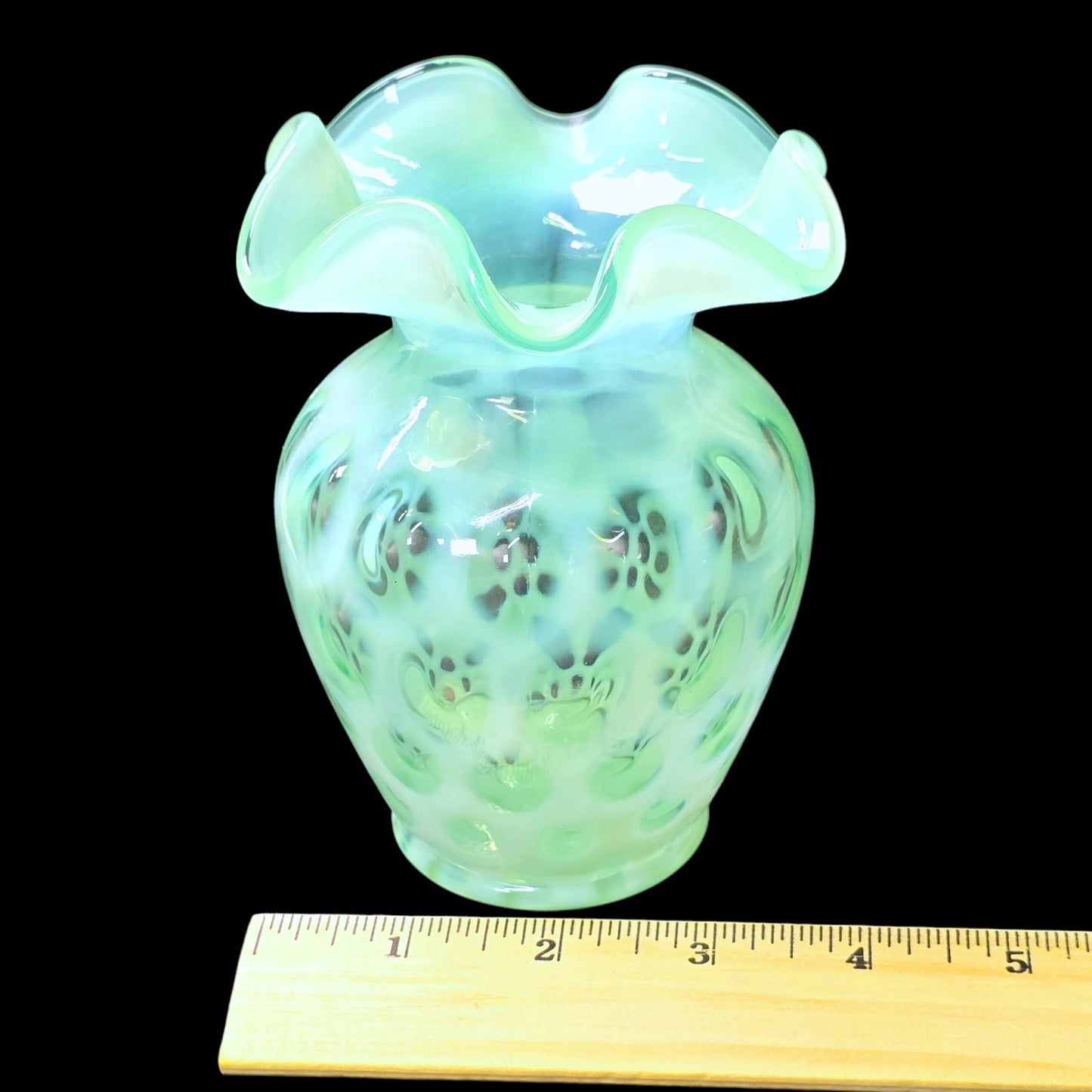 Vintage Fenton Aqua Blue Coin Dot Opalescent Glass Bud Vase Ruffled Crimped Edges 5.5"