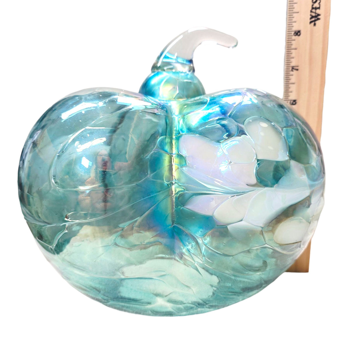 Iridescent Aqua Blue Art Glass Pumpkin White Swirl Sculptural Decor 8"