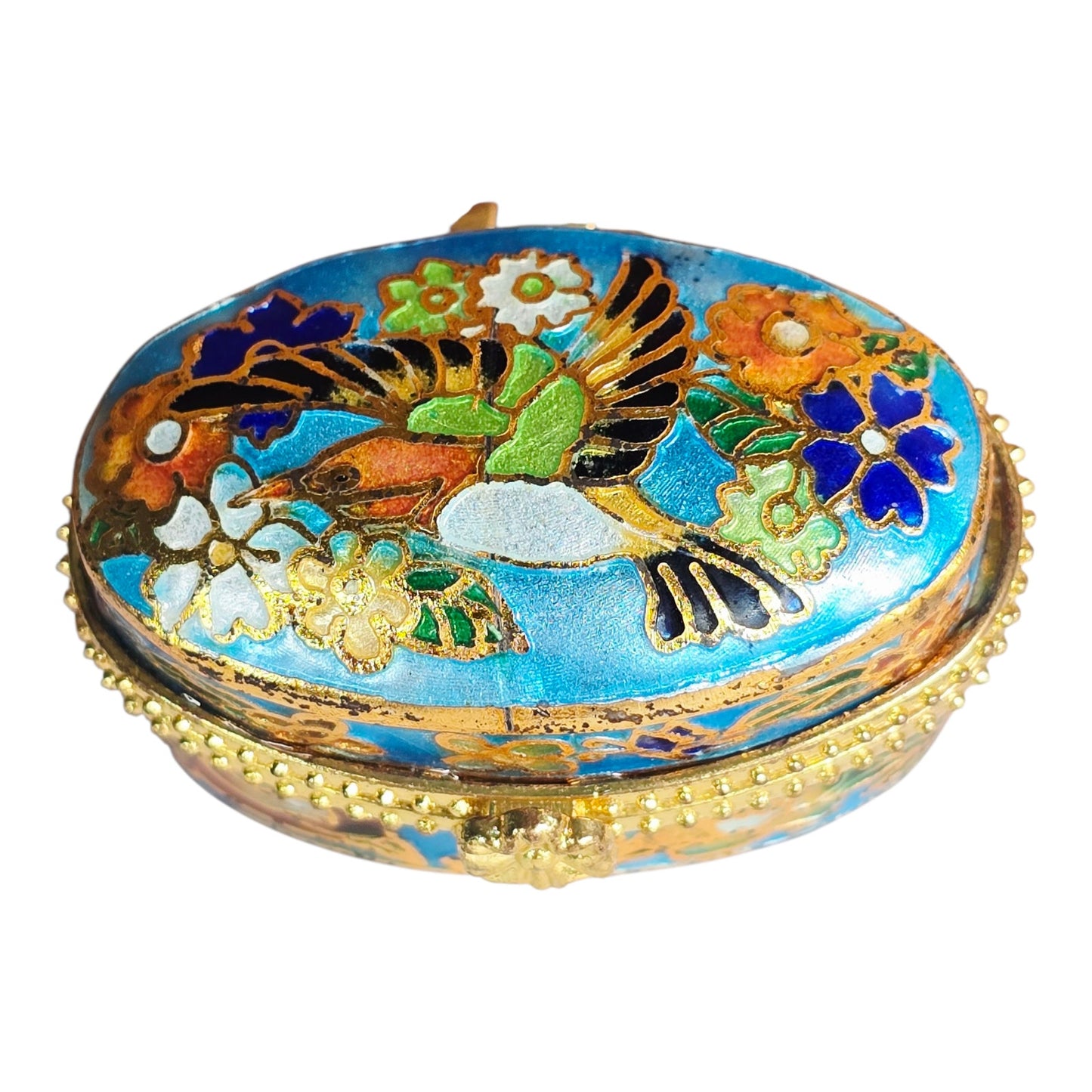Vintage Cloisonne Trinket Box - Hummingbird & Flowers