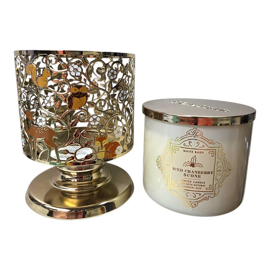 Bath & Body Works Woodland Candle Holder + Iced Cranberry Scone Candle Soft Gold