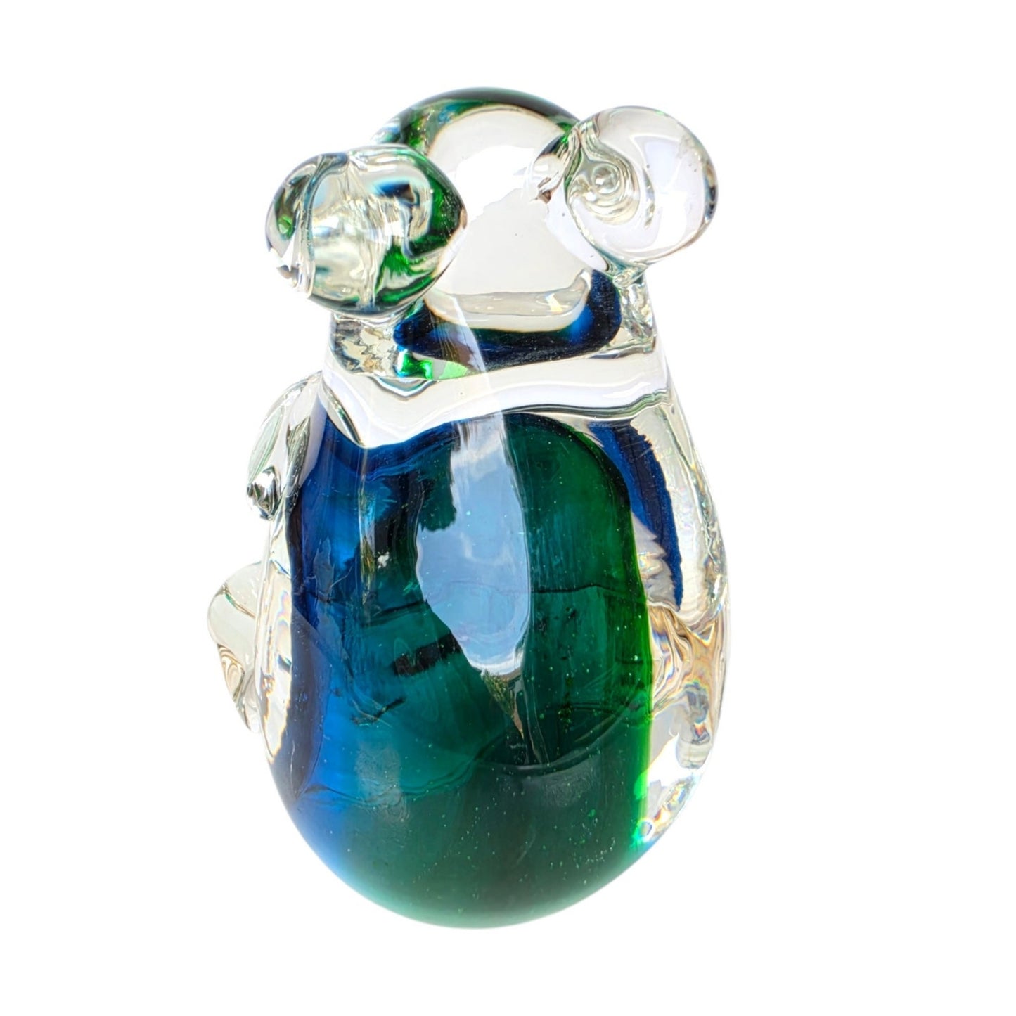 (Reserved for Customer) Vintage Art Glass Mouse? Koala? Figurine Paperweight Blue Green Cased Clear