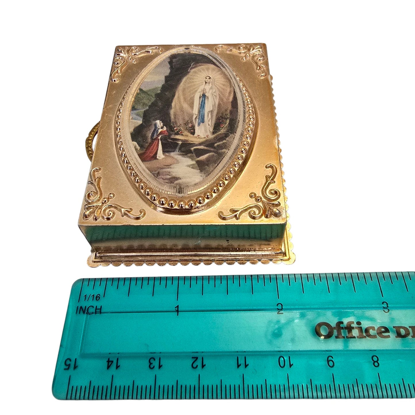 Vintage Notre Dame of Lourdes Plastic Rosary Box Drawer with Rosary