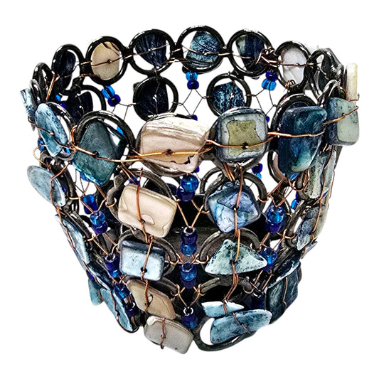 Copper Wire and Blue Shell Tea Light Candle Holder
