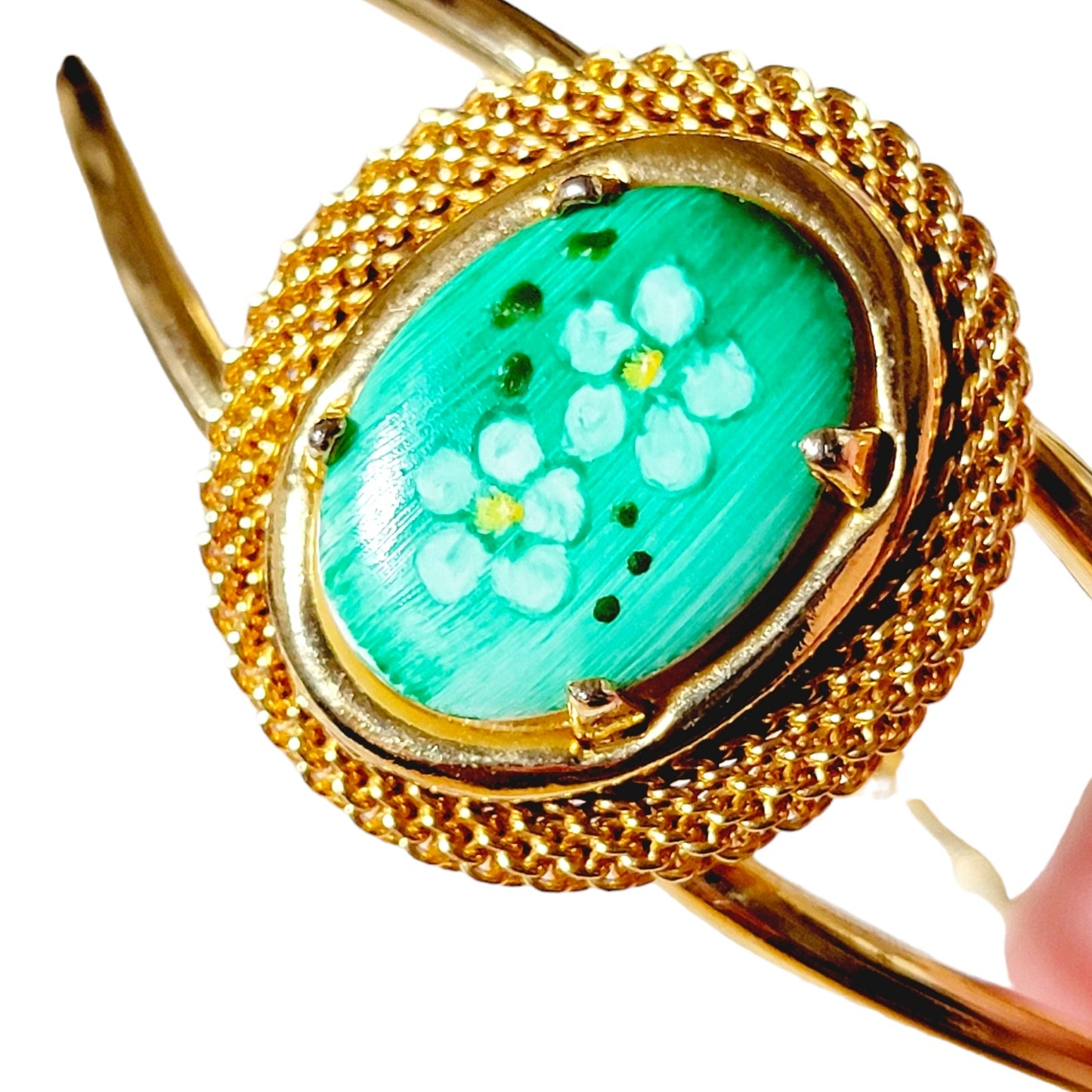 Gold Tone with Green Handpainted Oval Stone Hinged Bracelet Fashion Jewelry