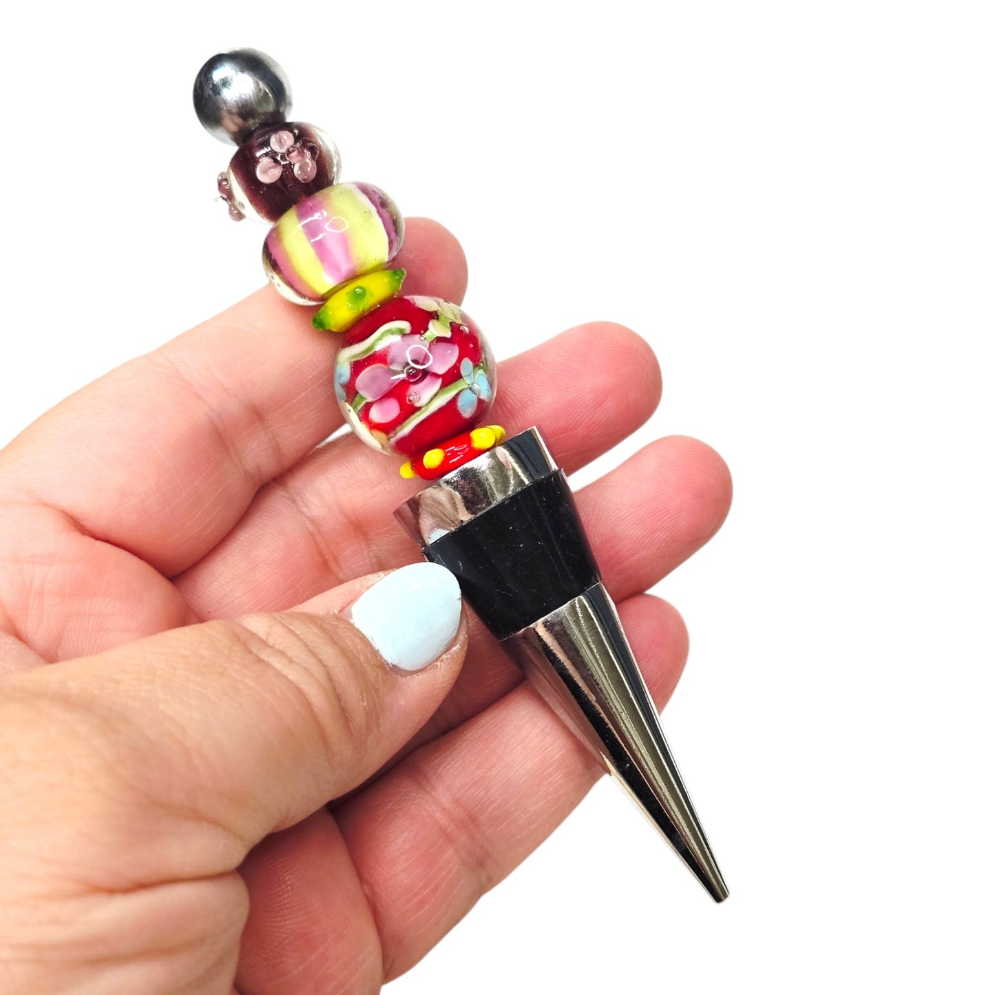 Bottle Stopper Blue Green Red Art Glass Bead Style Chrome Rubber BoHo Wine 5"