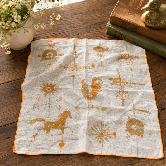 Vintage Weather Vane Handkerchief Rooster Horse Fish Retro Yellow Hanky