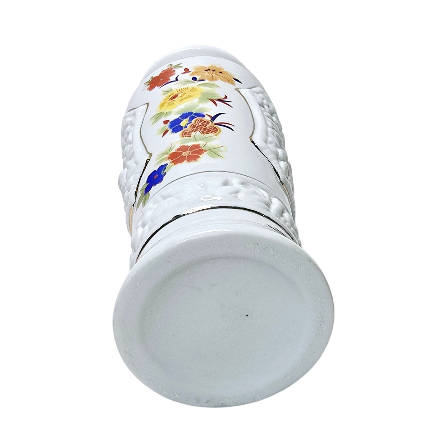 Vintage Porcelain Vase with Colorful Textured Floral Desgin Gold Trim