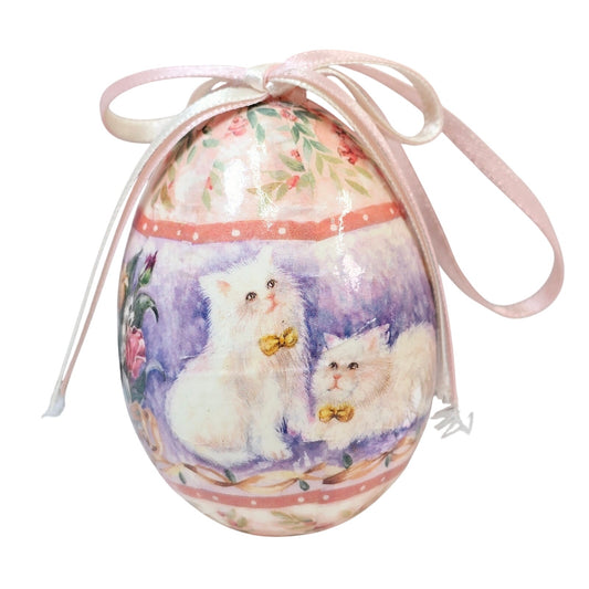 Vintage Paper Mache Easter Egg Decorative Decoupage Ornament with White Cats Bow Tie