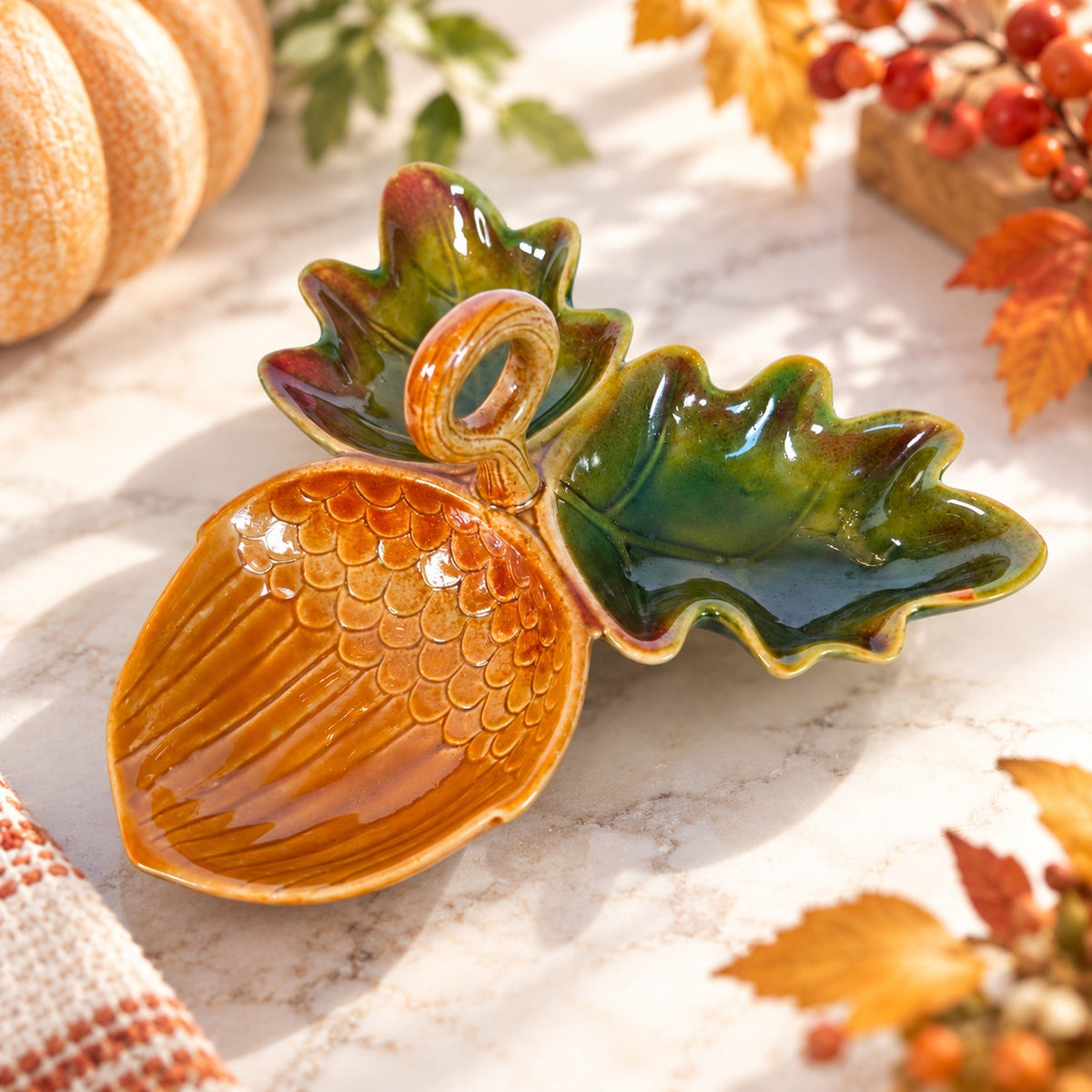 Ceramic Acorn Oak Leaf Divided Nut Candy Dish Fall Serving Tray