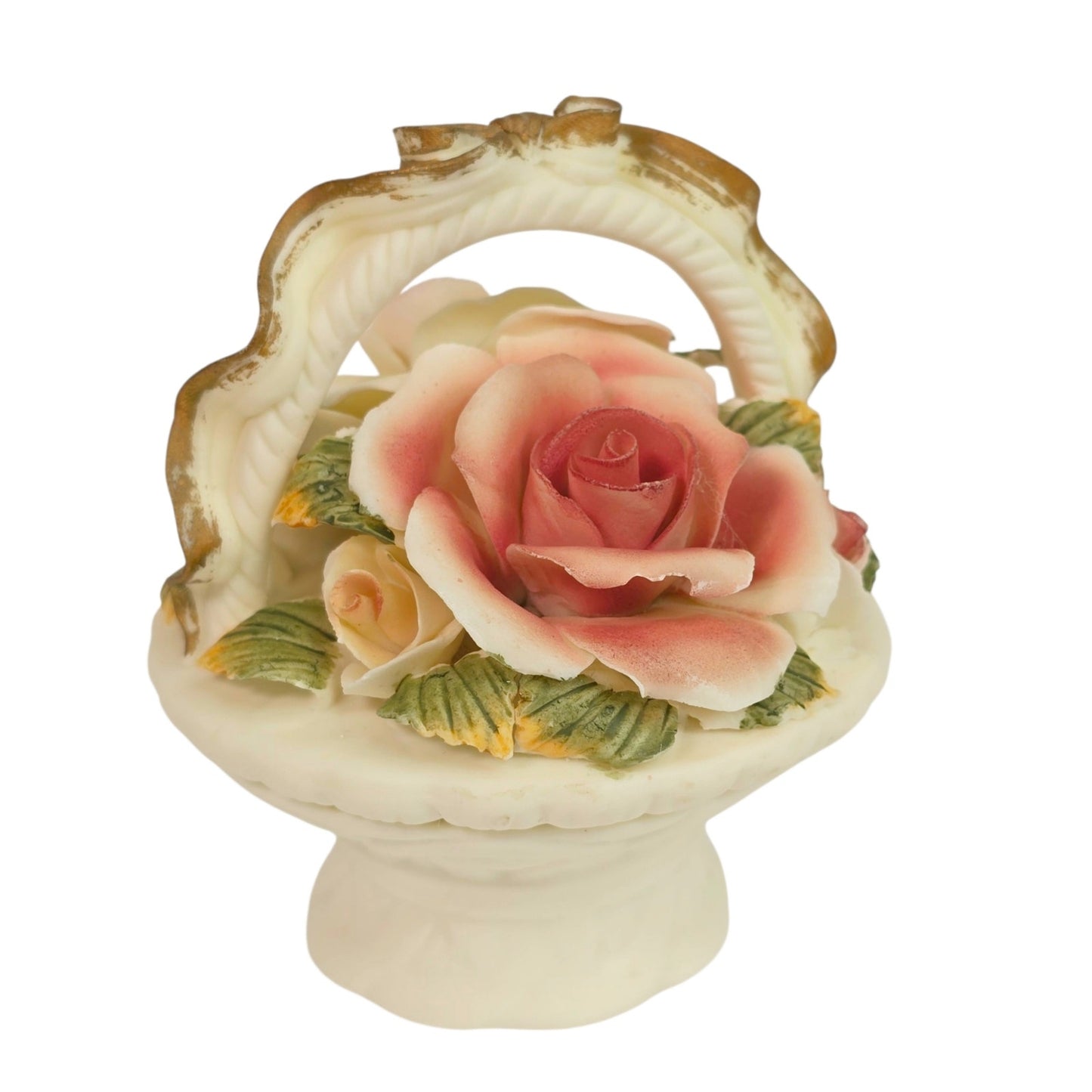 Vintage Porcelain Trinket Box Basket Pink Cream Rose Floral Lid Vanity Decor