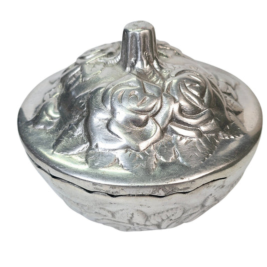 Vintage Cast Metal Embossed Rose Lidded Bowl