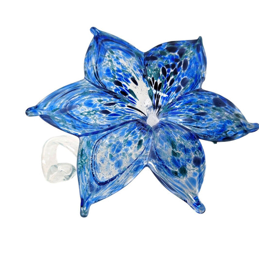 Hand-Blown Art Glass Flower Blue with Silver, Spiral Stem