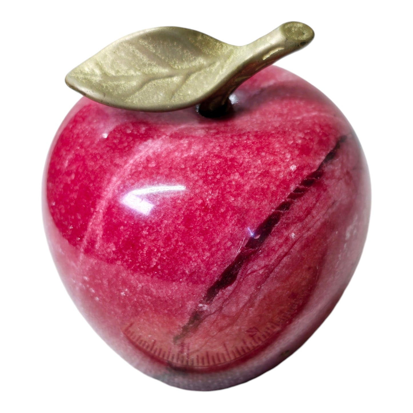 Red Marble Apple Paperweight with Brass Leaf Stem, Teacher Gift