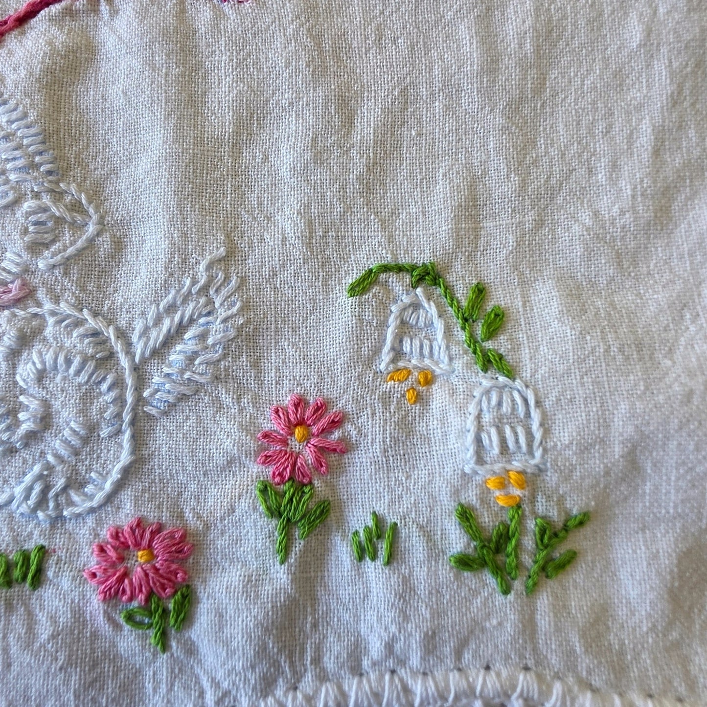Vintage Embroidered Pillowcase Cats Wishbone Blue Lace Trim Pink Bow