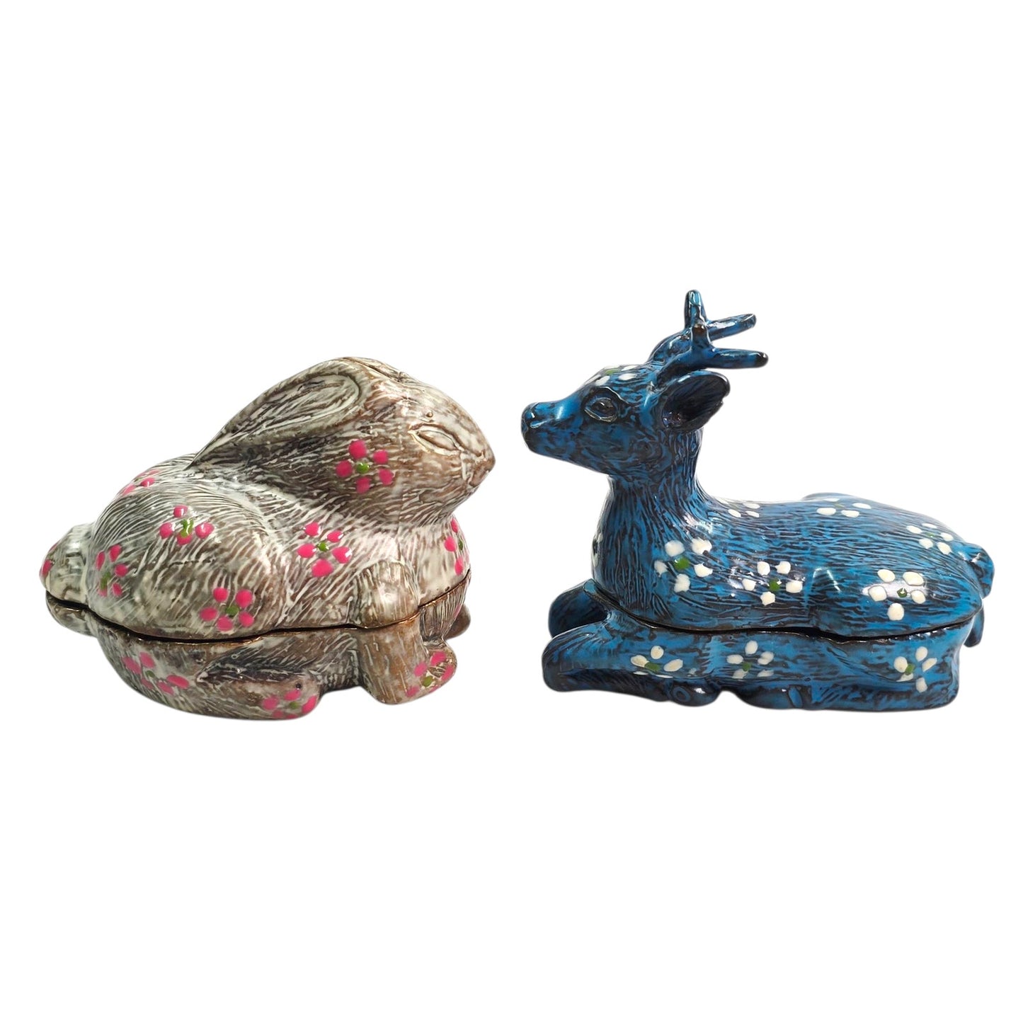 Set of 2 Cast Iron Trinket Boxes Handpainted Marked Thailand ILA Deer & Bunny🌸