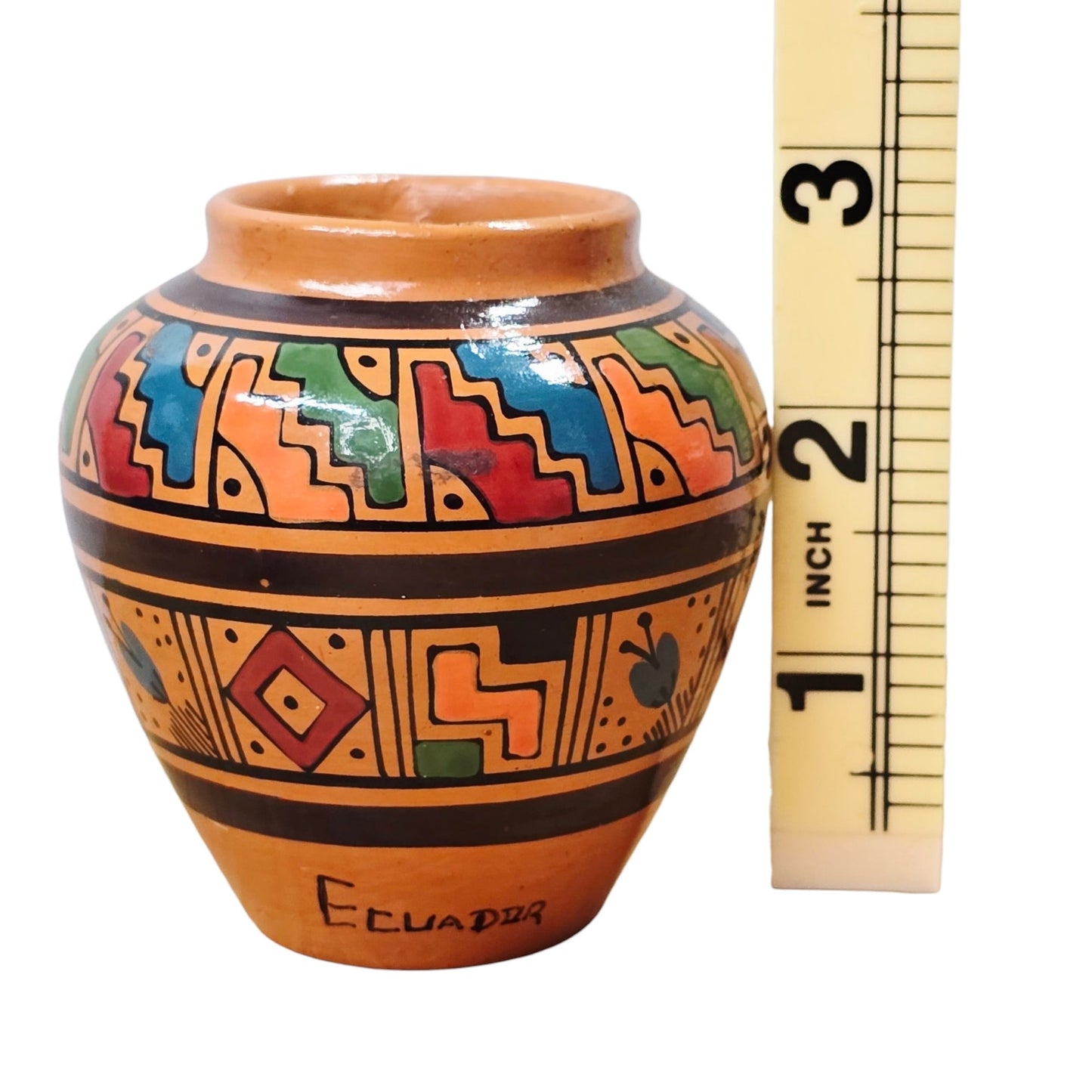 Miniature Ecuador Hand Painted Pottery Vase – Geometric Folk Art Pattern 3”H