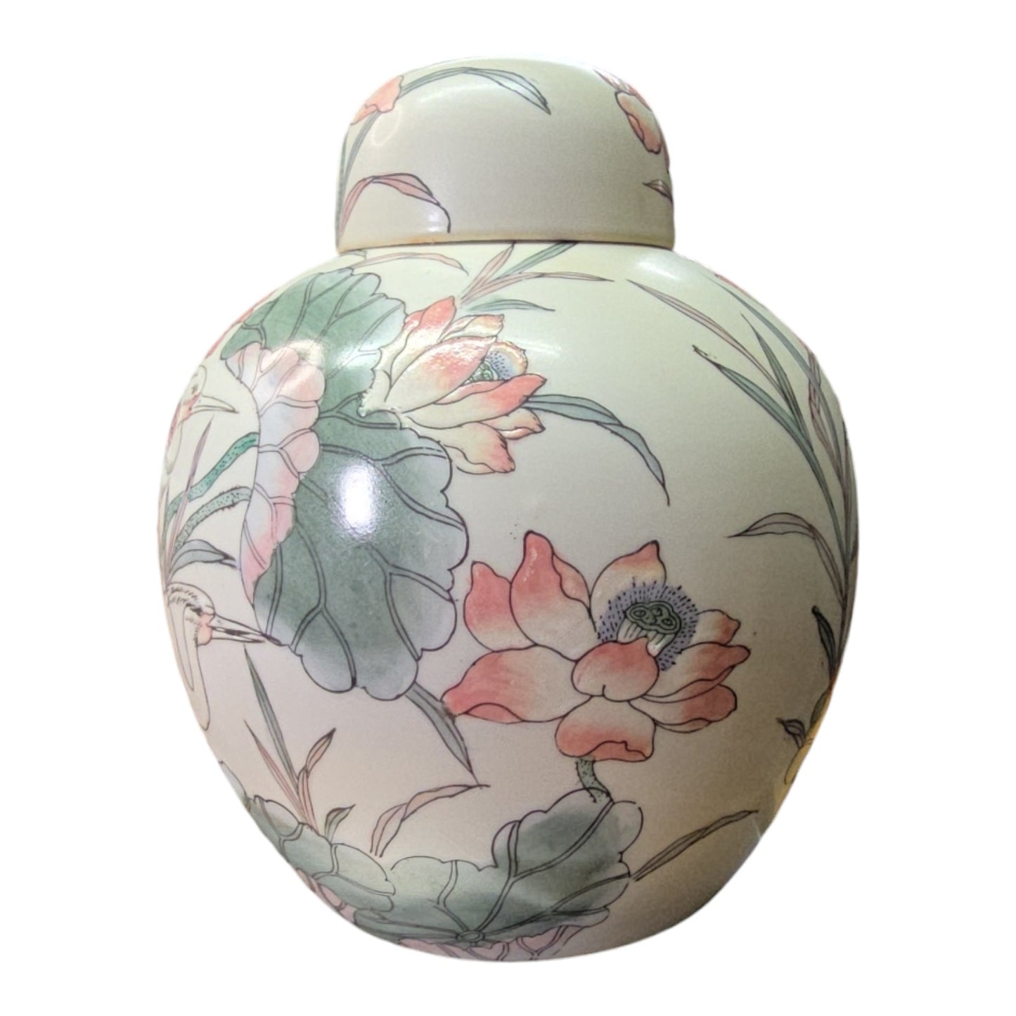 Vintage Asian Porcelain Ginger Jar with Lid, Floral Pattern with Birds in Pastel Mint and Peach
