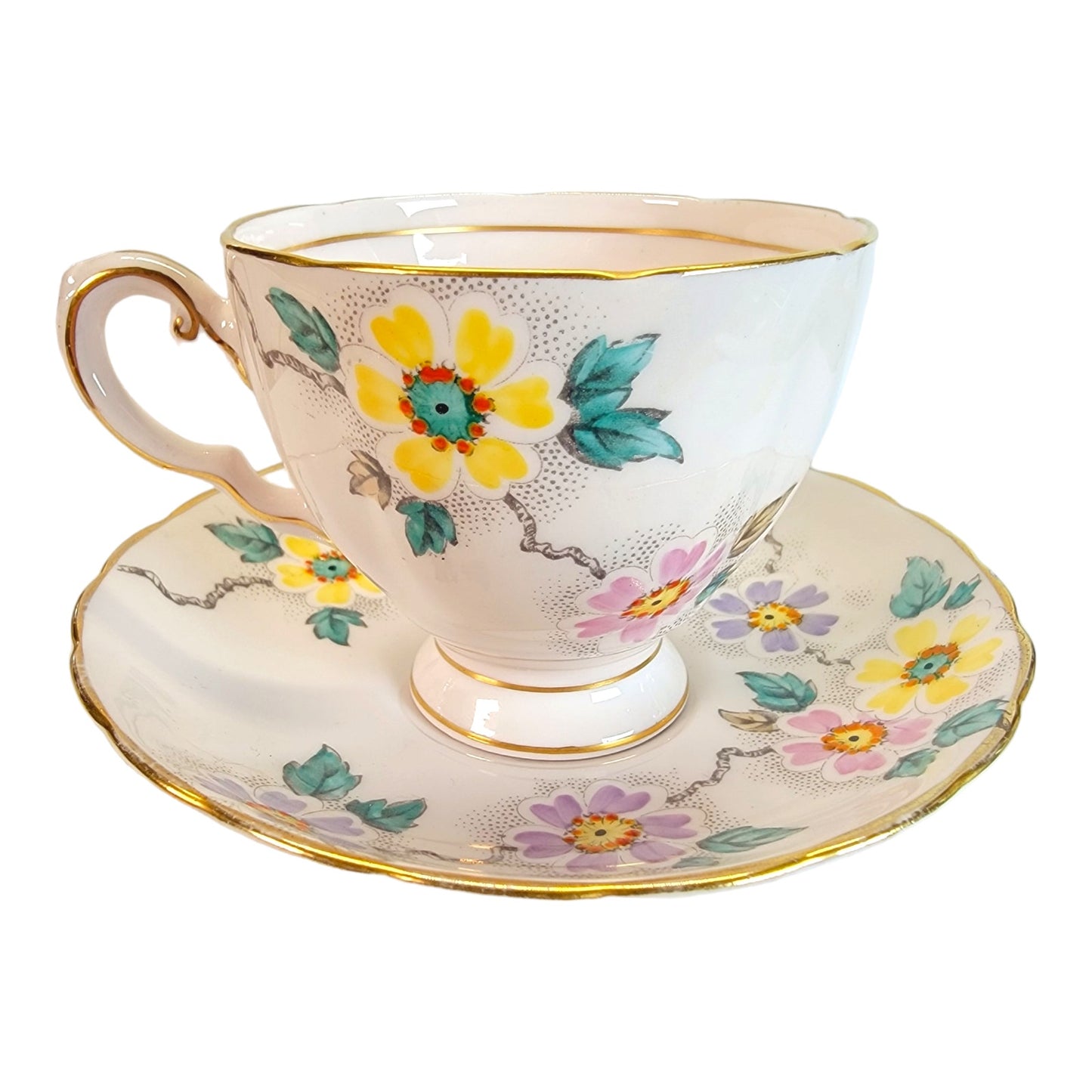 Tuscan English Bone China Teacup and Saucer, Daisies, Made in England, Blush Pink