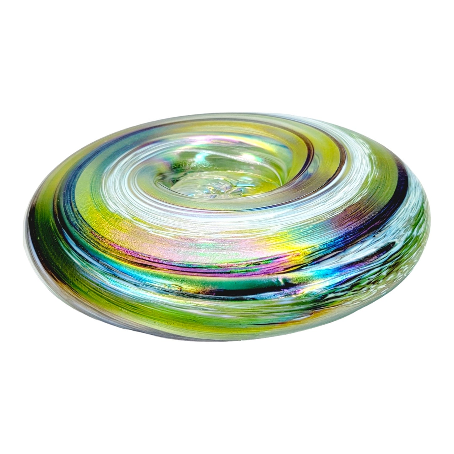 Scottish Borders Art Glass Tealight Candle Holder Iridescent Green Swirl