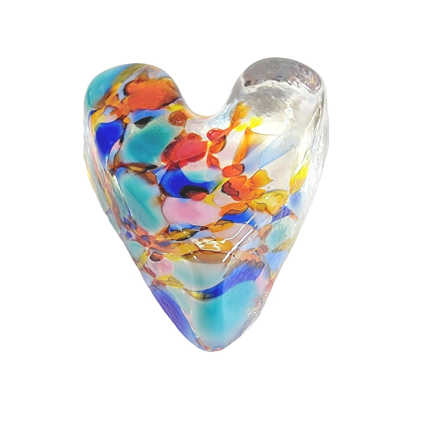 Small Hand Blown Art Glass Heart Paperweight, Applied Rainbow Colors